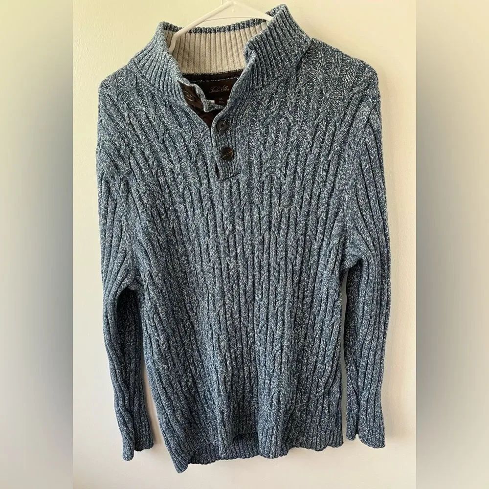 Tasso Elba Mens Cable Knit Blue Mock Neck Slim Fit Button Sweater Size XL